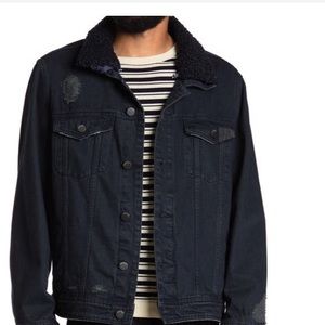 Men's Blank NYC Shearling Collar Distressed Denim Jacket Navy blue Size-M